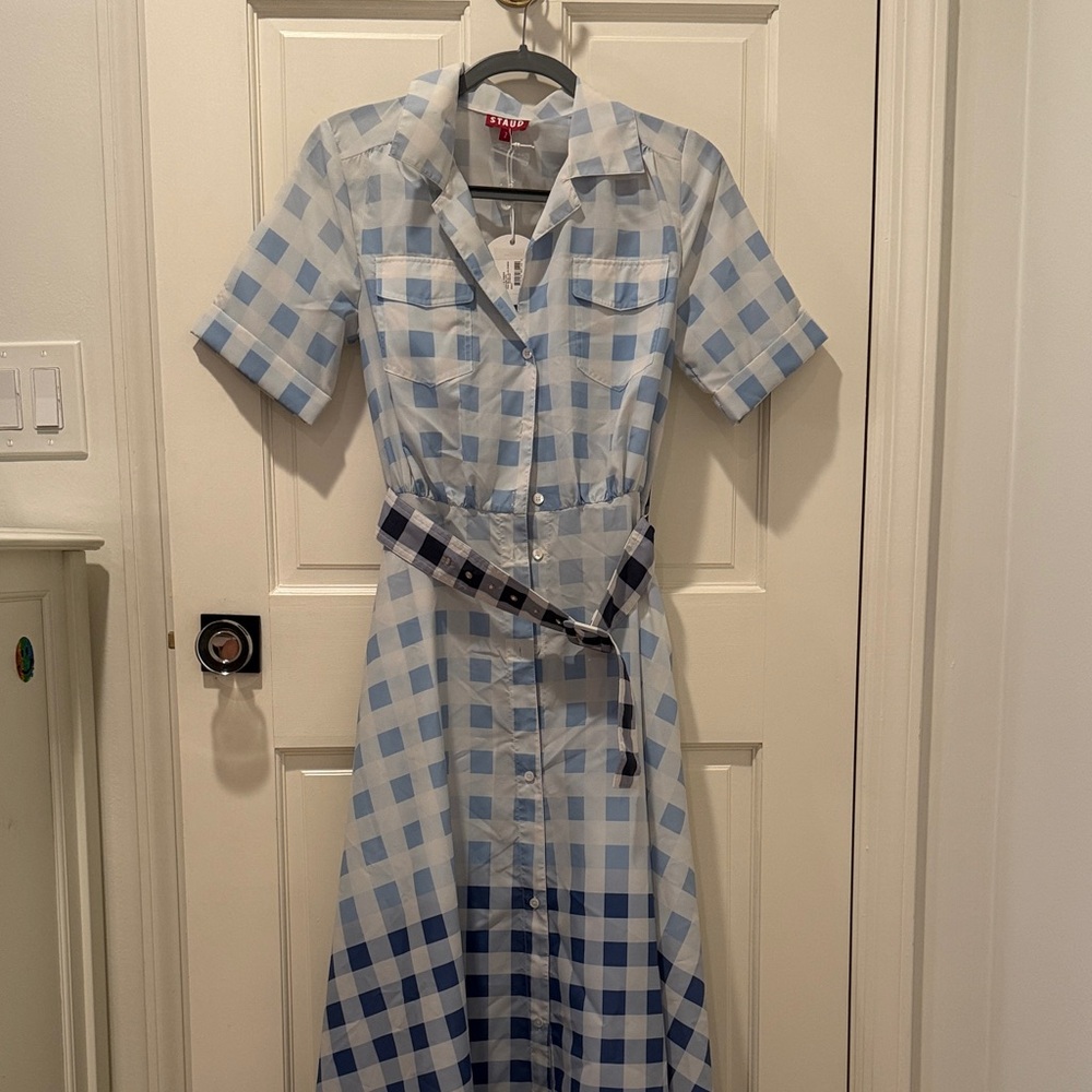 STAUD Blue and White Checkered Maxi Dress